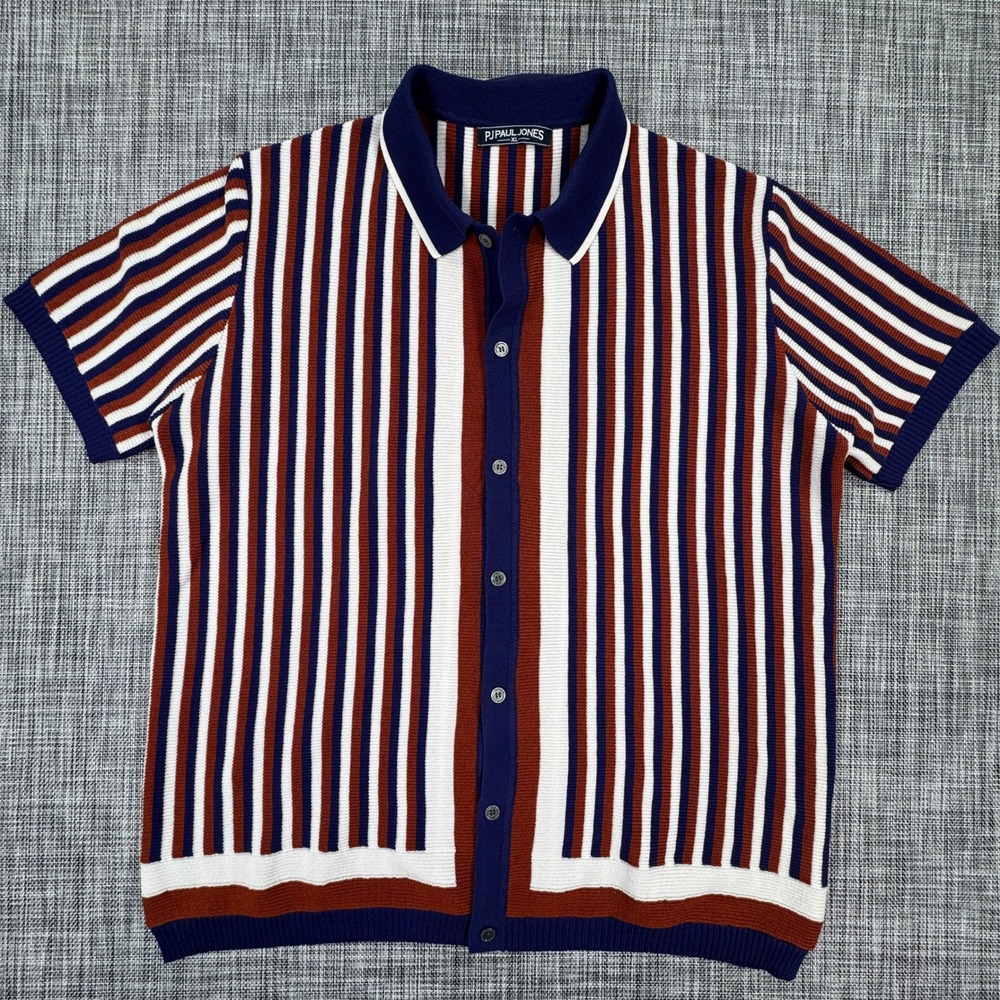 PJ Paul Jones Men's XL Knit Polo Shirt Navy Rust Vertical Stripe Button Front